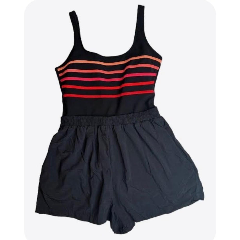 Vintage LL Bean Swim Romper One Piece Swimsuit Black Striped Shorts Women 16 Reg